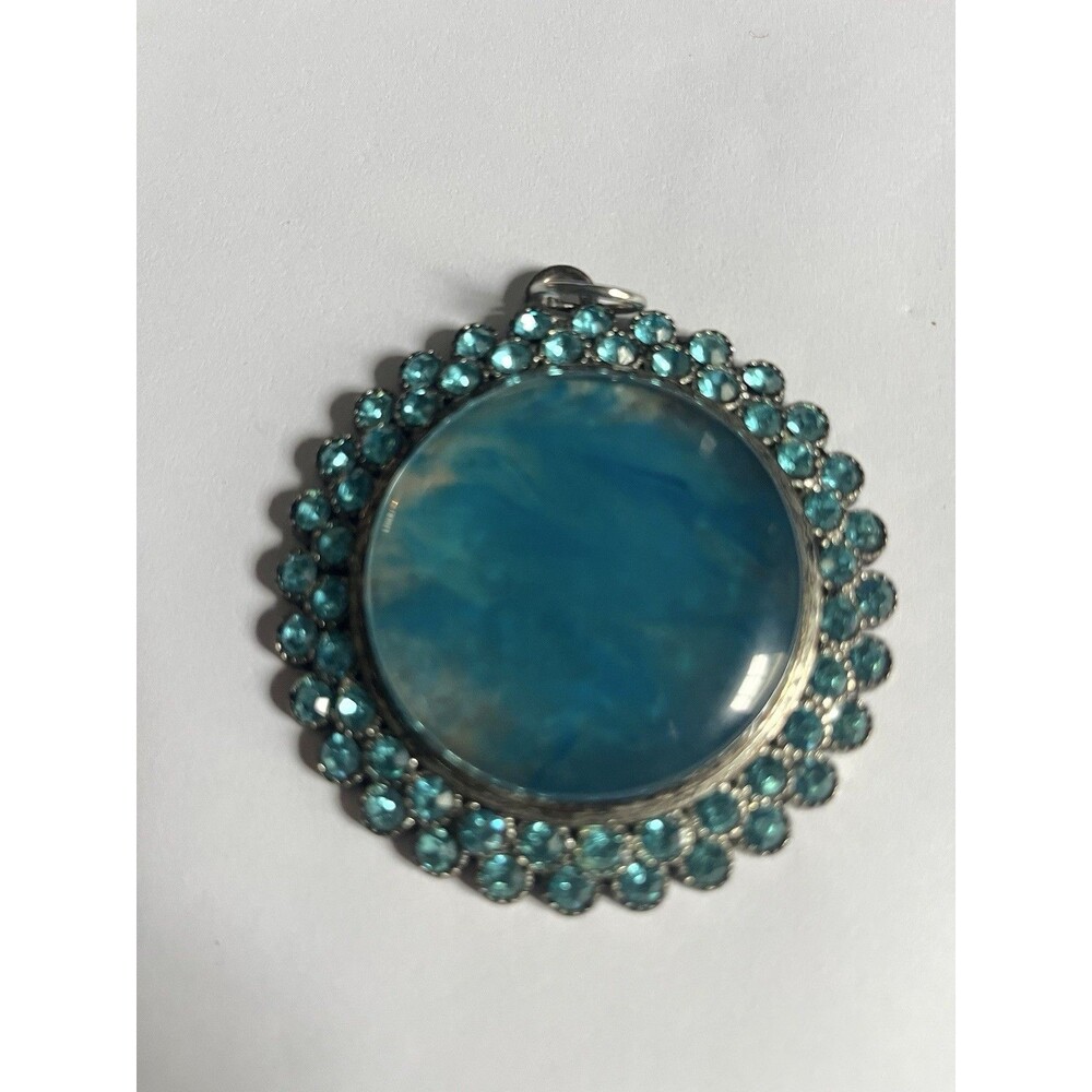 Aqua Blue Rhinestone Statement Pendant Large Round Cabochon Silver Tone 2"